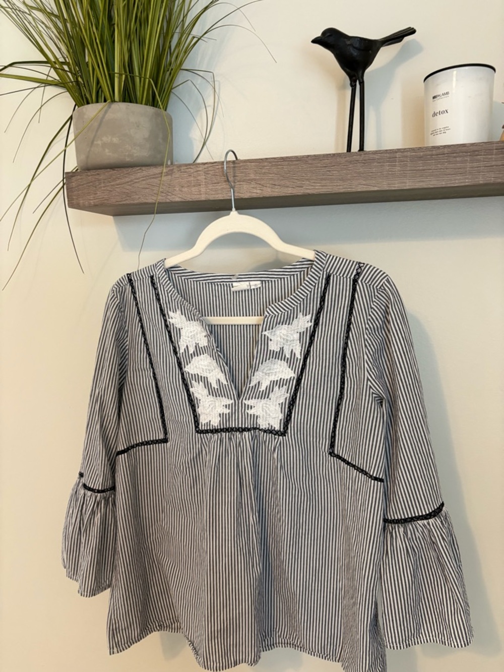 GAP Black and White Striped V-Neck Tunic with White Floral Embroidery
